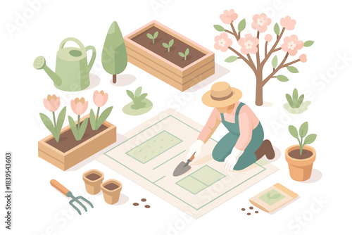Spring gardening planner with isometric tools and plants in pastel tones