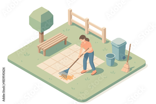 Isometric autumn scene with woman raking leaves in a park