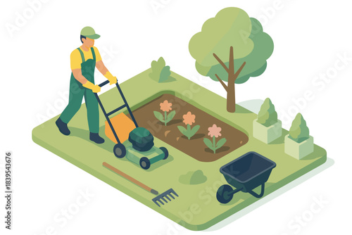 Isometric gardening scene with gardener mowing lawn and flower beds