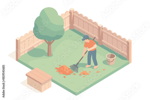 Isometric garden scene with man raking leaves in backyard