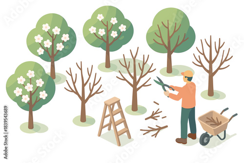 Gardener pruning trees in an isometric spring garden scene