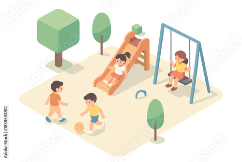 Children playing in park with playground equipment in isometric style