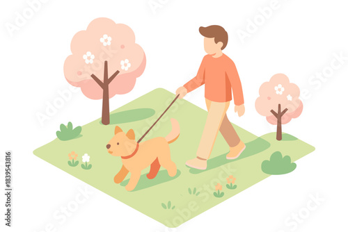 Isometric spring walk: person with dog and blossoming trees in pastel park scene