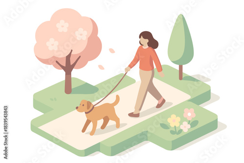 Isometric park scene with woman walking dog on path among blossoming trees