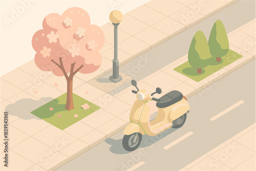 Scooter parked by blossoming tree on sunny urban street in isometric style