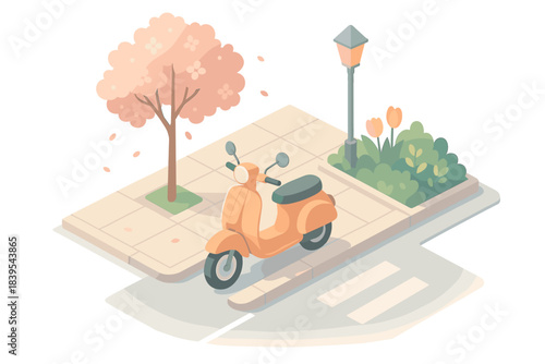 Charming urban scene with vintage scooter and blossoming tree in springtime