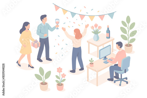 Isometric office celebration with colleagues, balloons, and confetti in modern workspace setting