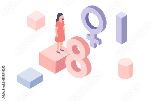 Isometric woman celebrating womanhood on geometric shapes
