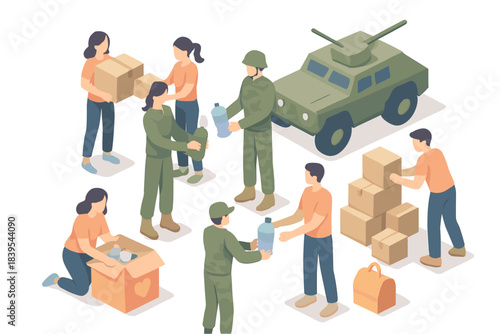 Isometric humanitarian aid effort with military support and volunteer collaboration