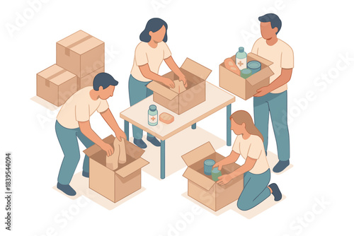 Isometric team packing donation boxes with supplies