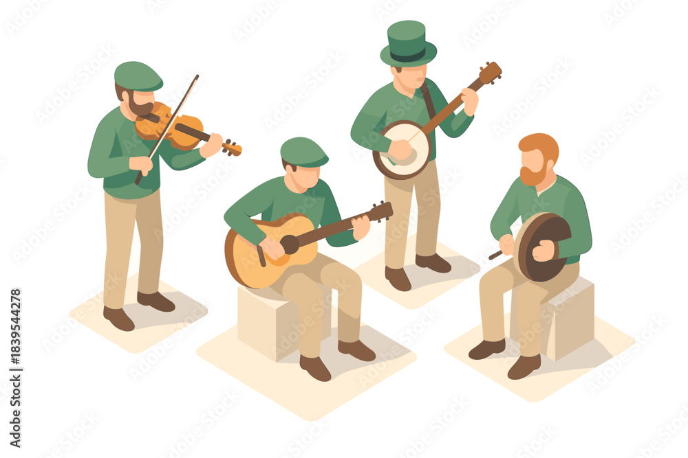 Naklejka premium Isometric illustration of musicians playing traditional irish folk music