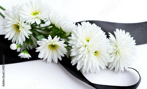 White chrysanthemums or daisies with black ribbon on white background template funeral mourner symbol for obituary farewell services condolences and funeral invitation wallpaper funeral flowers grief 