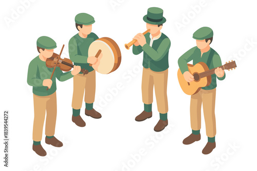 Isometric folk musicians playing traditional instruments in flat style