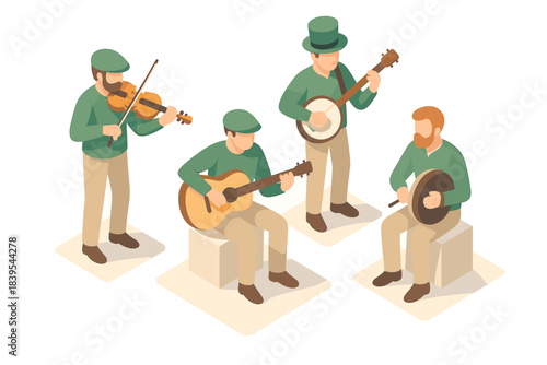 Isometric illustration of musicians playing traditional irish folk music