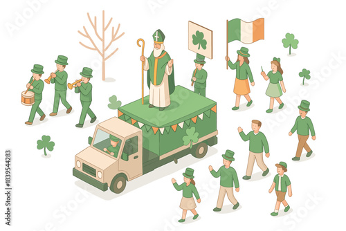 Isometric saint patrick's day parade celebration with shamrocks and irish flag