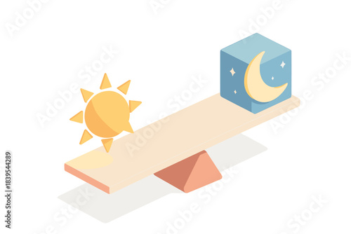 Day and night concept with sun and moon on balancing beam in isometric style
