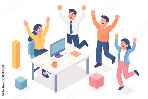 Office team celebrating success with enthusiastic cheer in isometric style