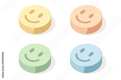 Colorful smiley face emojis on white background in pastel isometric design