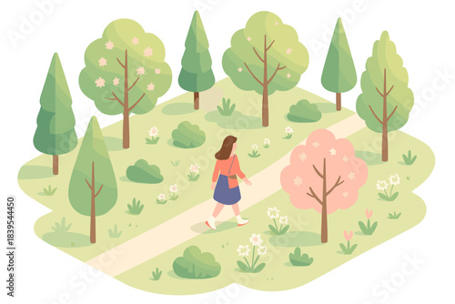 Peaceful spring walk in a lush park with blossoming trees