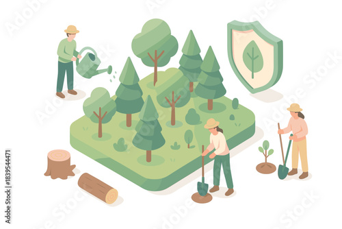 Flat isometric tree planting and forest conservation scene with gardeners