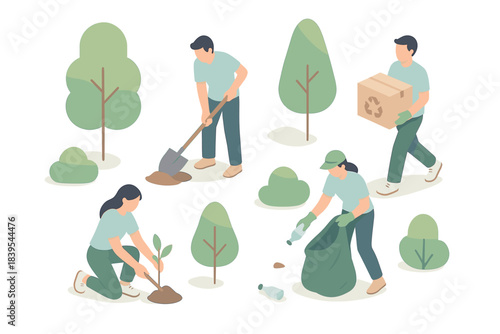 Eco-friendly community activities: planting trees and recycling in a park setting