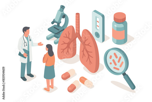 Isometric medical consultation with lungs and diagnostic tools