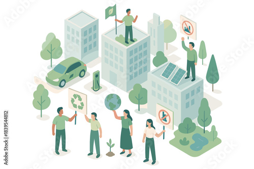 Sustainable urban lifestyle in isometric design showcasing eco-friendly city and environmental activism