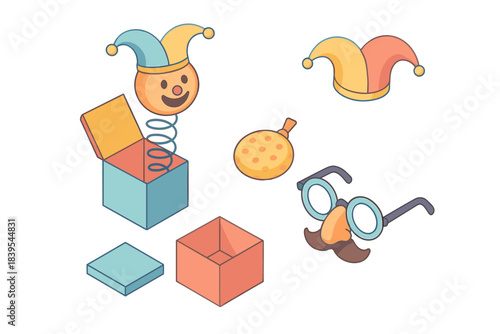 Whimsical prank objects in a colorful isometric design for playful themes