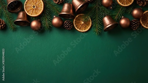 Elegant festive border featuring bronze bells dried orange slices and fir branches on a deep green backdrop
