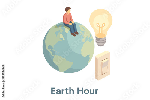 Earth hour concept: person sitting on globe with lightbulb and switch in isometric style