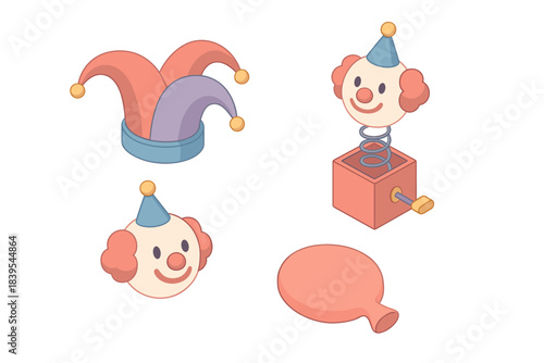 Playful jester and surprise jack-in-the-box: isometric cartoon fun