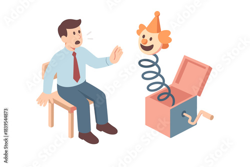 Surprised man and jack in the box scene in flat design style