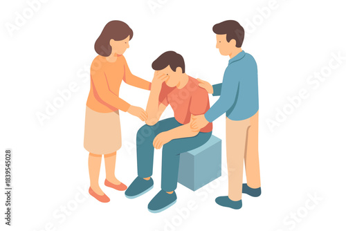 Supportive friends comforting sad person in isometric design