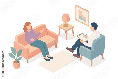 Isometric therapy session in modern living room setting with counselor and patient