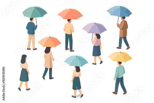 Isometric people walking with umbrellas on rainy day
