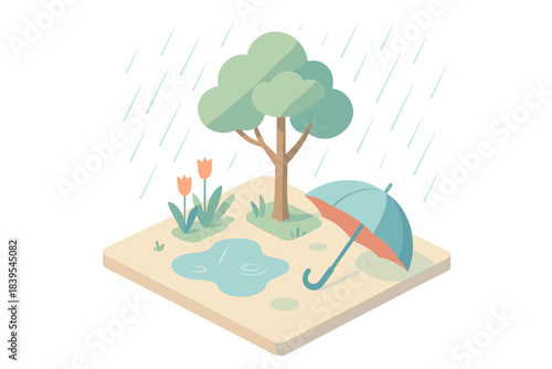 Isometric rainy day scene with umbrella, tree, and flowers
