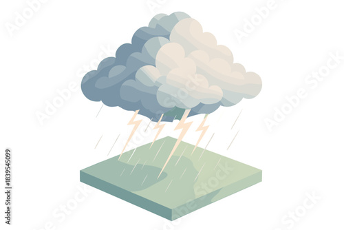 Isometric cloud with rain and lightning illustration on a platform