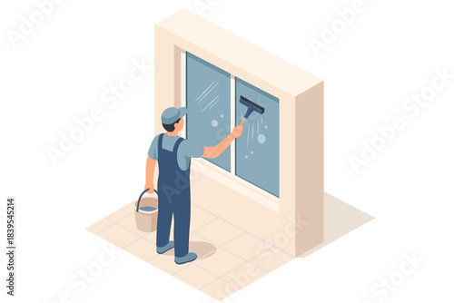 Professional window cleaner in uniform wiping glass with squeegee