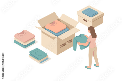 Isometric donation scene with woman packing clothes into boxes