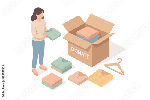 Isometric illustration of woman donating clothes with box and folded garments