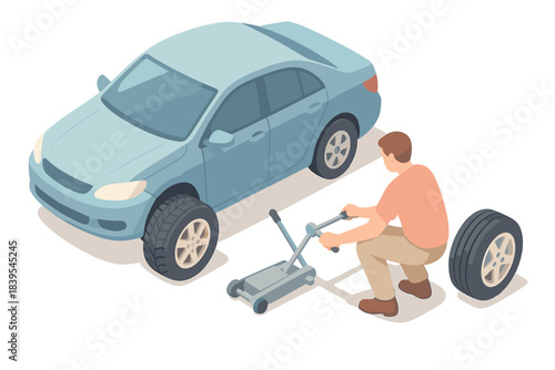 Isometric car tire replacement with man using jack and spare tire