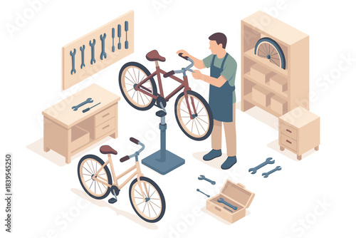 Isometric bicycle repair workshop with mechanic and tools in a garage setting