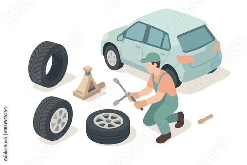 Car tire change isometric concept with mechanic in overalls and tools