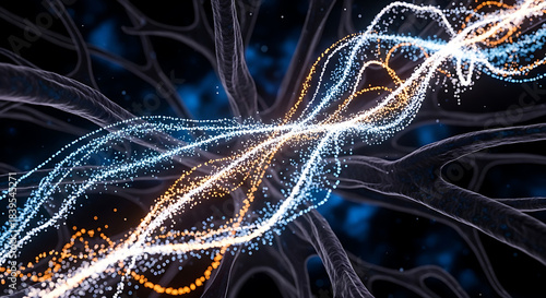 Vibrant particle streams flowing through a complex neural network structure, symbolizing advanced cognitive functions, data intelligence, and futuristic technology concepts