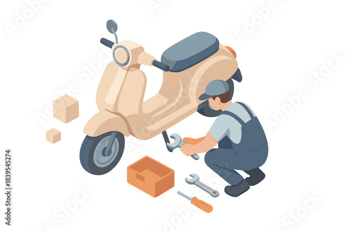 Mechanic repairing scooter isometric design with tools and boxes