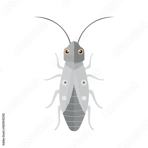 Clean 2D flat vector depiction of a Silverfish, designed in minimalist modern style with white background.