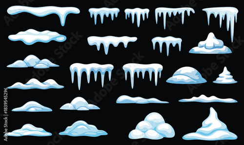 Snow caps, snowy ice and frozen icicles, vector cartoon icons, isolated on transparent background. Abstract snow frost caps and icicles of house roof shape for Christmas and New Year elements design