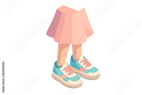Isometric girl's legs in pink skirt and sneakers on white background