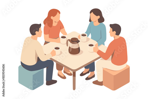 Cozy gathering over coffee: relaxed friends enjoying a leisurely conversation