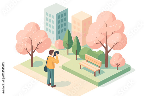 Photography in vibrant urban park with cherry blossoms and pastel buildings in isometric style